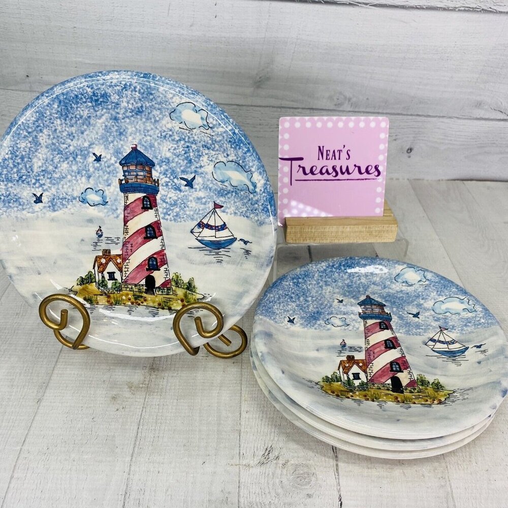 Pacific Rim COASTAL LIGHTHOUSE Sailboat Hand Painted  8" Salad Plates Set 4 FLAW